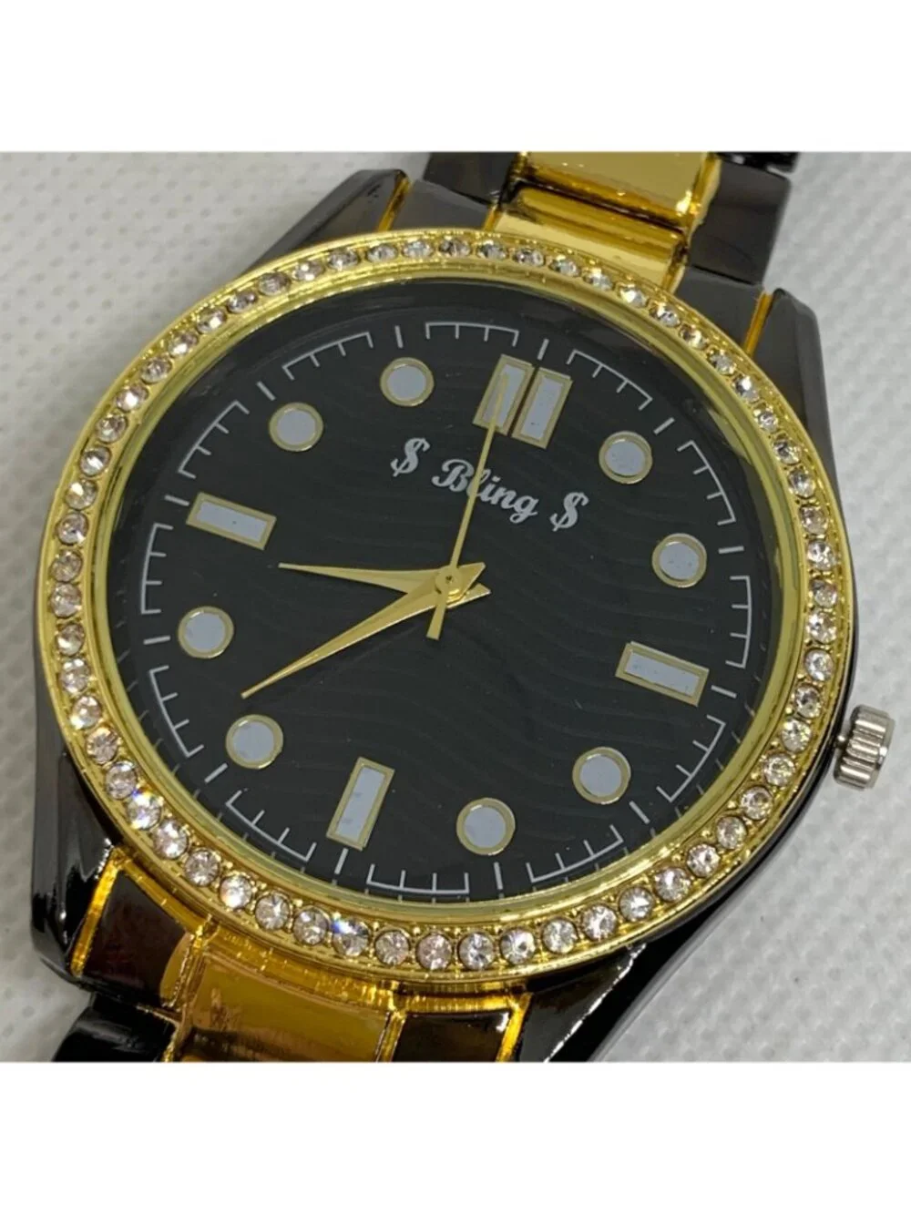 Bling gold black tone men watch 40mm quartz analog rhinestones black running